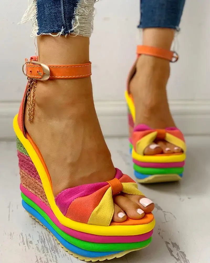 Sandals Women Women's Muffin Wedges High Multicolor Patchwork Sandals Colorful  Roman Shoes Sandals High Heels Espadrilles