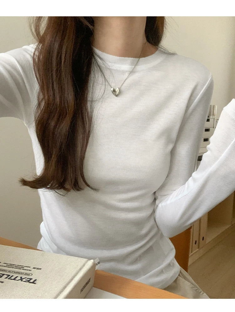 Solid Color Versatile Long Sleeve T-shirt for Women's AutumnNew Slim Fit and Slim Round Neck Underlay Top with Shoulder Underlay