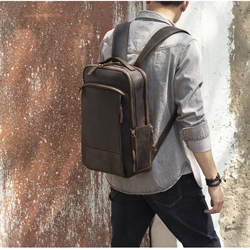 Vintage Men's Crazy Horse Leather Backpack genuine leather Retro Rucksack Large Classic Travel Backpack Big laptop computer bag