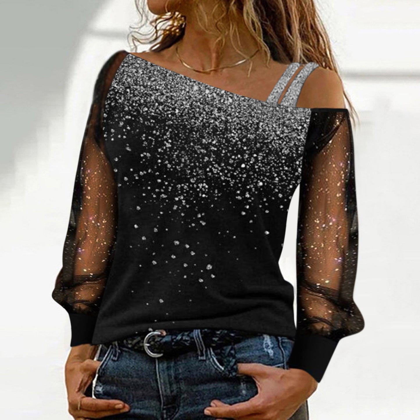 Summer Casual Long Sleeve Women Tops Sequin Print Sexy Mesh Blouse Cold Shoulder Black Shirt Slim Tight Shirts Blusas