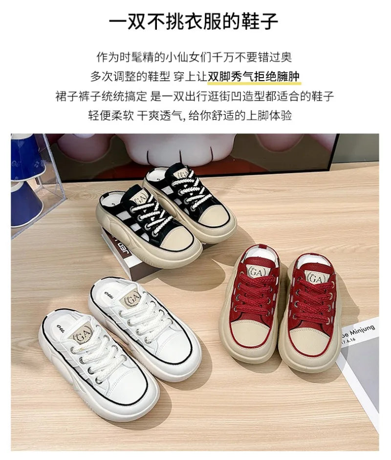 Retro Casual Beach Shoes for Women Summer Half Slippers Baotou Hollow Lace Up Platform Sandals Ladies Outdoor Pu Slipper