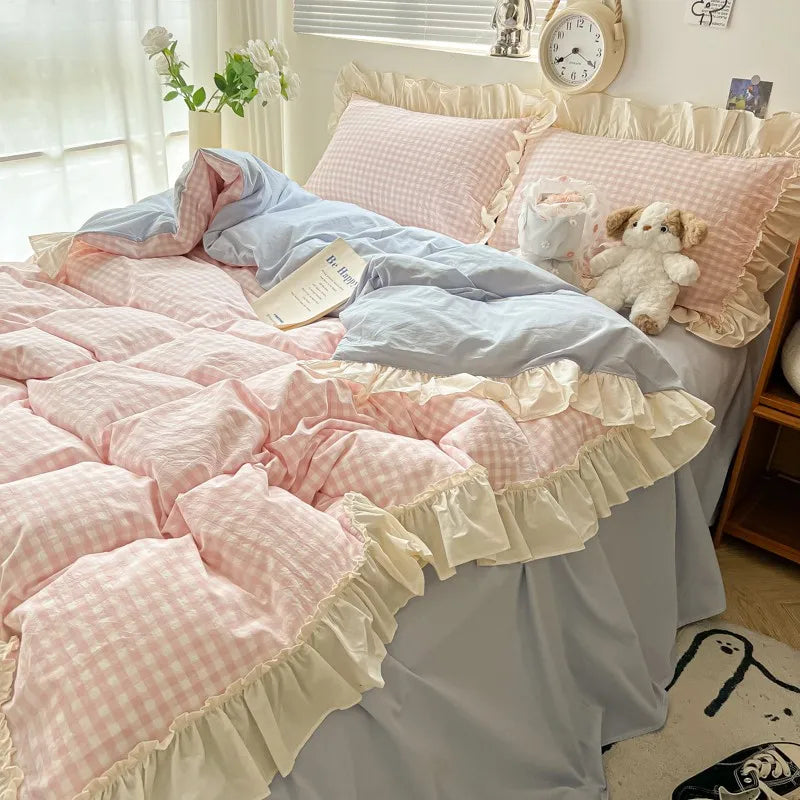 Ruffled Pink Blue Duvet Cover Set Twin Queen Washed Microfiber Ultra Soft Bedding set Grid Duvet Cover Bed Sheet 2 Pillowcases