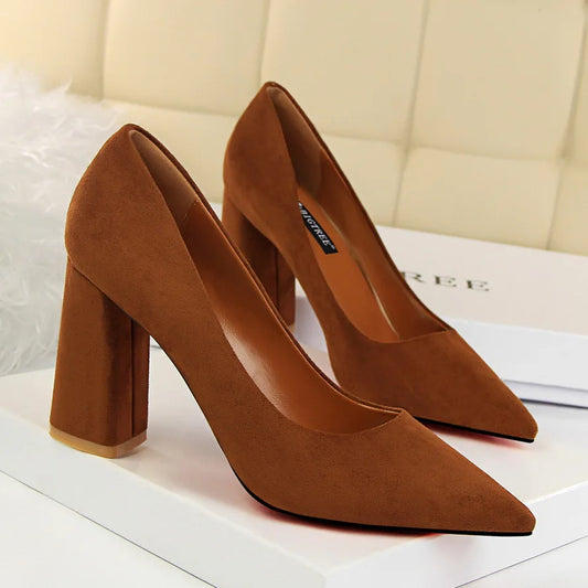 Women 8.5cm High Heels Elegant Pumps Lady Wedding Block Heels Scarpins Flock Suede Red Brown Nightclub Event Party Office Shoes