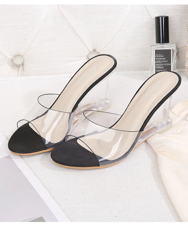 Summer New Women Slippers PVC Jelly Crystal Heel Transparent Women Sexy Clear High Heels Simple Wedge Sandals Pumps Size 34-43