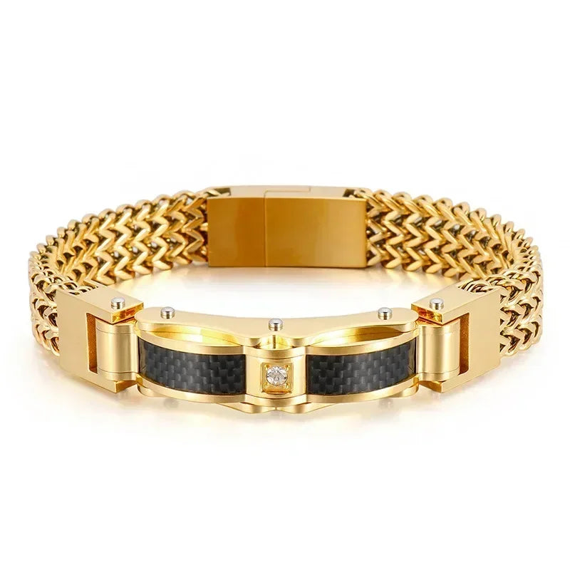 Fashionable and Trendy High-quality Stainless Steel Electroplated Gold Color Inlaid Zircon Men's Bracelet As A Gift To Friends