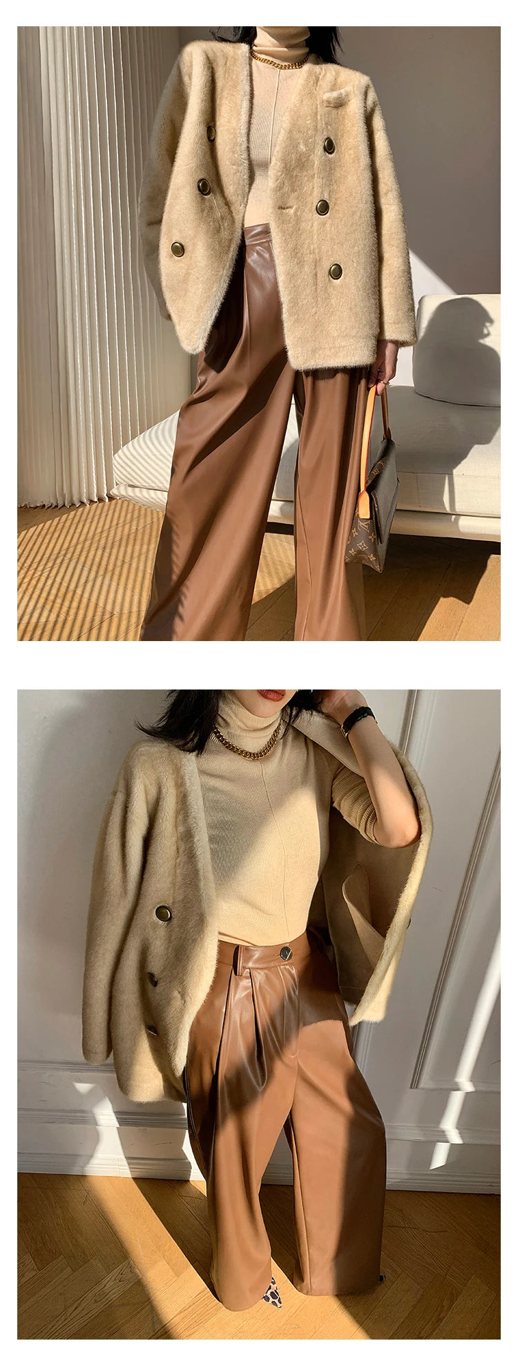 Lautaro Spring Autumn Loose Casual Soft Black Burgundy Pu Leather Wide Leg Pants for Women High Waist Korean Style Fashion 2023