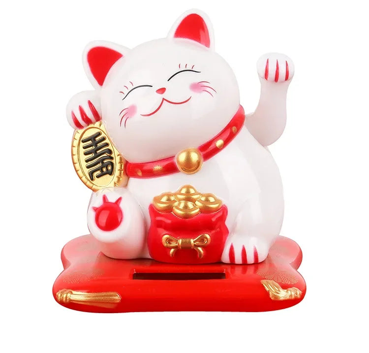 Solar Powered Maneki Neko Lucky Cat Welcoming Chinese Lucky Cat Waving Hand Beckoning Fortune Cat Figurines For Home Decor