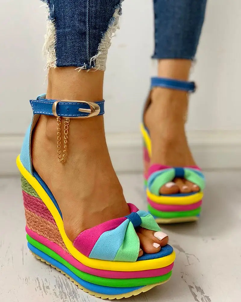 Sandals Women Women's Muffin Wedges High Multicolor Patchwork Sandals Colorful  Roman Shoes Sandals High Heels Espadrilles