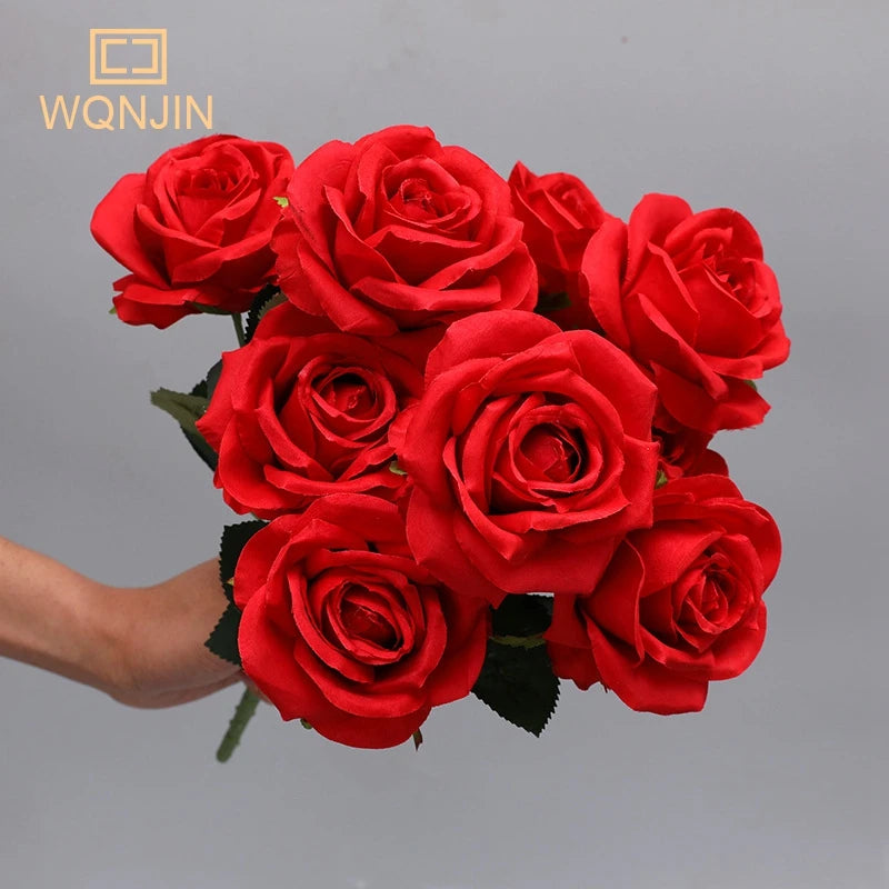 WQNJIN Red Yellow Simulation Rose Bouquet Wedding Flowers 10 Heads Fake Roses Artificial Flower Silk Flowers Home Decoration