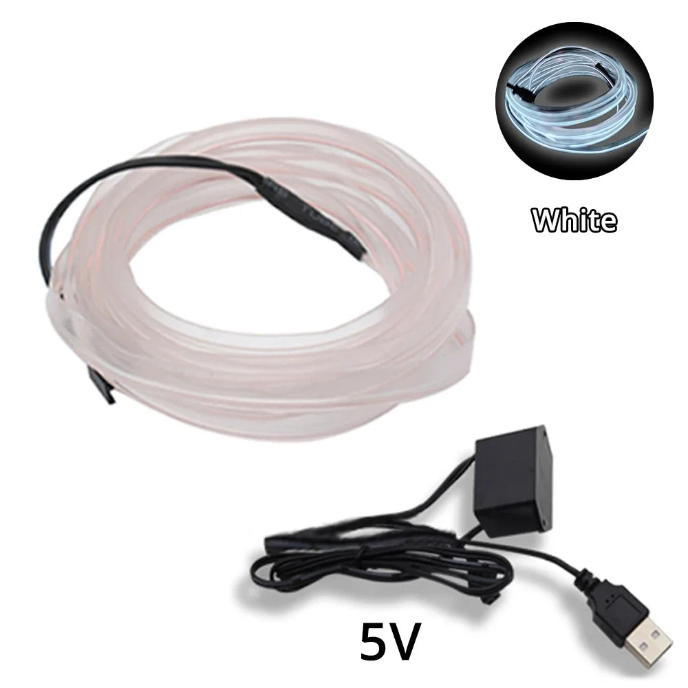 5M Universal Car Interior Lighting white LED Strip Decoration Garl and Wire Rope Tube Line Flexible Neon Lights with USB Drive