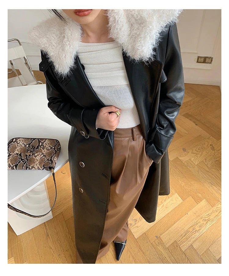 Lautaro Spring Autumn Loose Casual Soft Black Burgundy Pu Leather Wide Leg Pants for Women High Waist Korean Style Fashion 2023