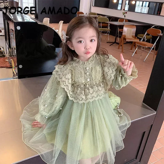 Spring Autumn Girl Dress Long Sleeves Green Lace Mesh Patchwork Princess Dress Child Clothes E22040