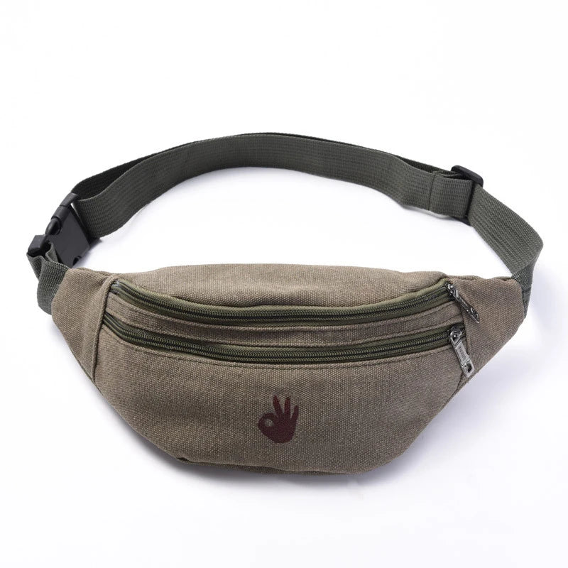 Male Casual Functional Waist Bag Fashional Canvas Purse Creative Ok Gestures Purse Waist Package for Man Canvas Hip Bag