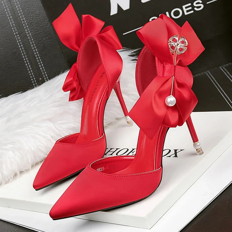 2023 New Bow-knot Women Pumps Designer Shoes High Heels Sandals Women Satin Stiletto Heels Sexy Pearl Wedding Shoes Plus Size 43