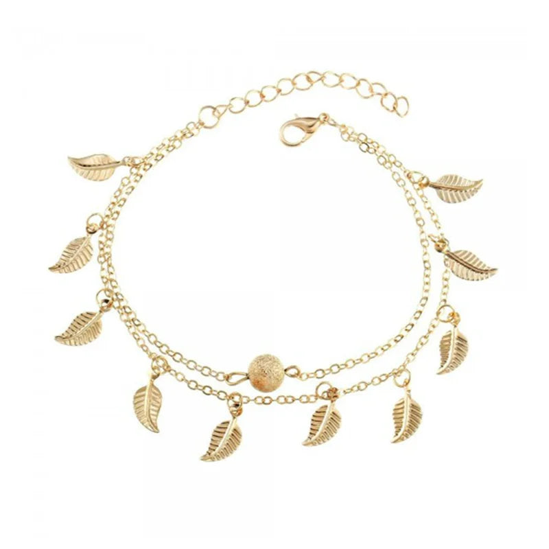 Leaf Anklets Women Double Foot Chain Ankle Bracelets Bohemian Gold Color Leaves Anklet Jewelry For Foot Summer Beach Gifts