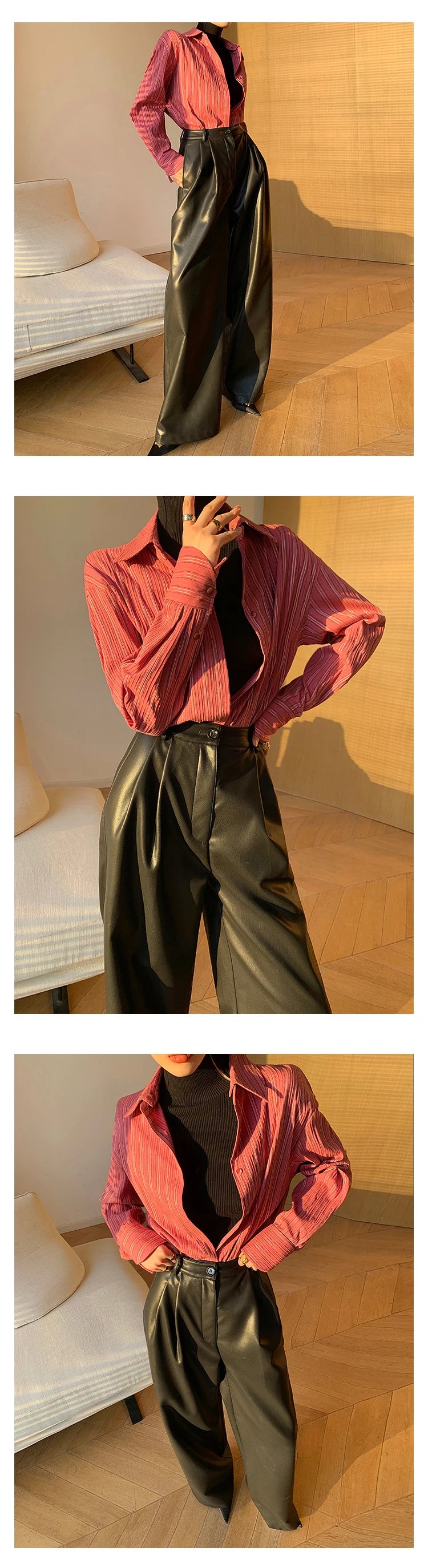 Lautaro Spring Autumn Loose Casual Soft Black Burgundy Pu Leather Wide Leg Pants for Women High Waist Korean Style Fashion 2023