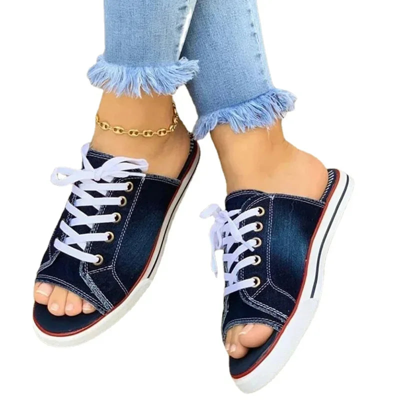 Ladies Slippers Canvas  Lace-up  Open-toed New Flat-Bottom  Casual Women Fashion Denim Beach Shoes 35-43