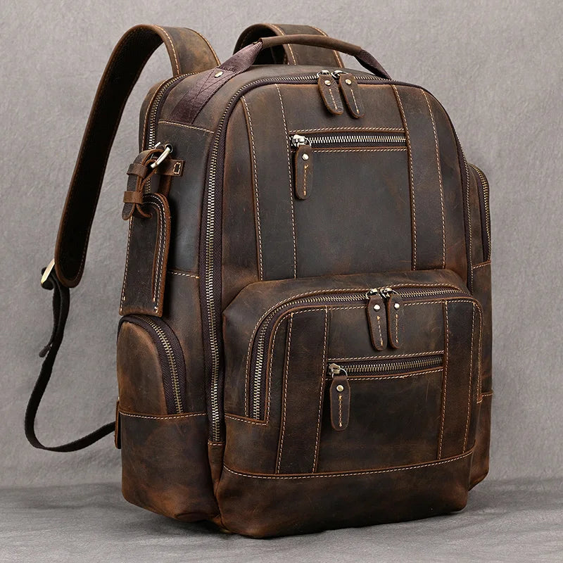 Vintage Men's Crazy Horse Leather Backpack genuine leather Retro Rucksack Large Classic Travel Backpack Big laptop computer bag