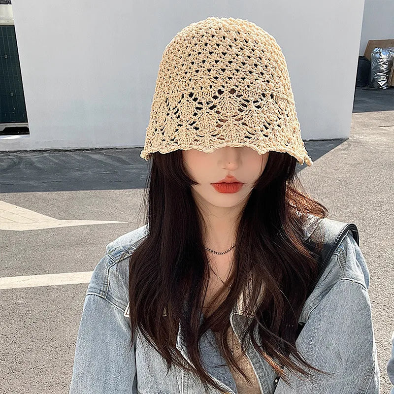 Korean v Niche Bucket Hat Female Summer Hollowed Out Woven Straw Hat Sun Proof Face Covering Fisherman Hat Korean Version Sun Vi