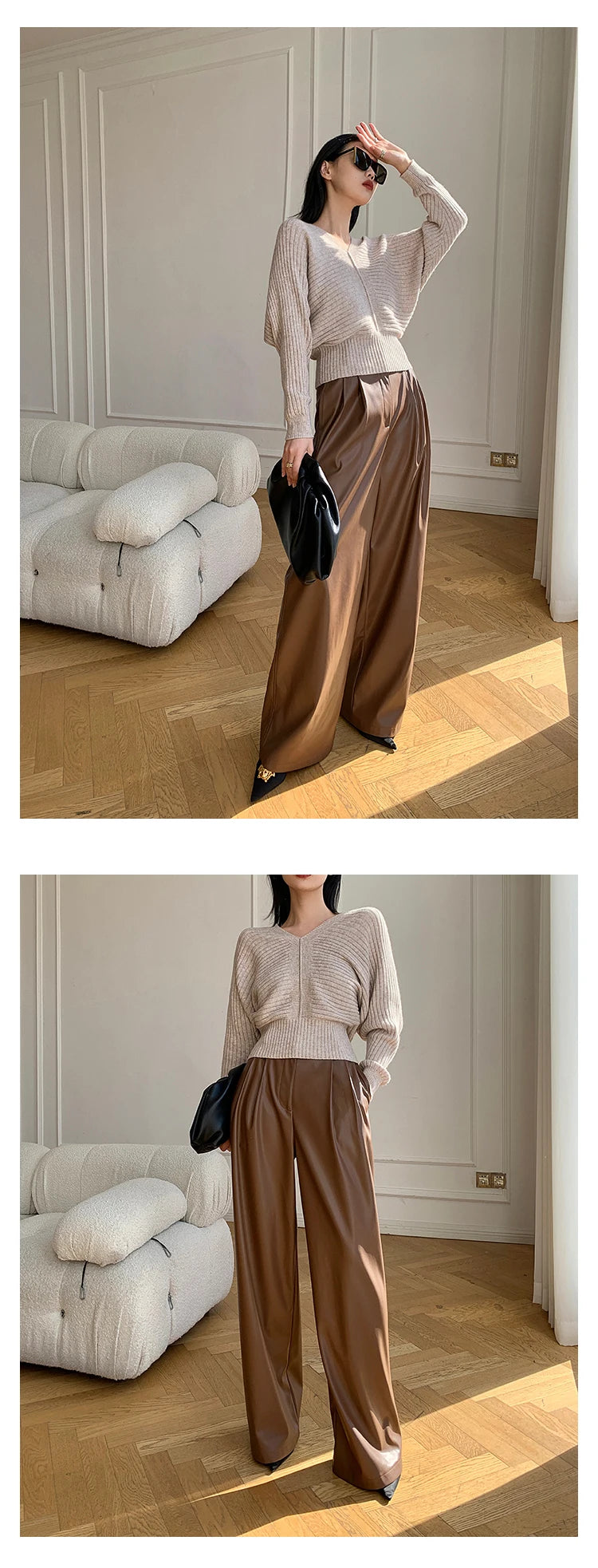 Lautaro Spring Autumn Loose Casual Soft Black Burgundy Pu Leather Wide Leg Pants for Women High Waist Korean Style Fashion 2023