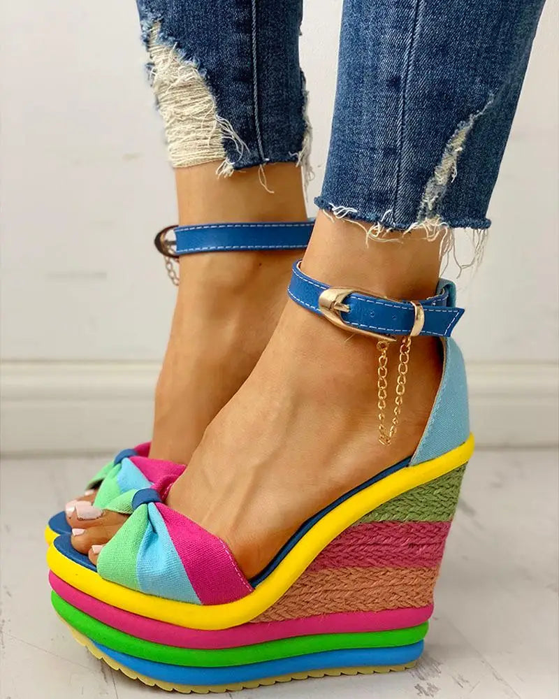 Sandals Women Women's Muffin Wedges High Multicolor Patchwork Sandals Colorful  Roman Shoes Sandals High Heels Espadrilles