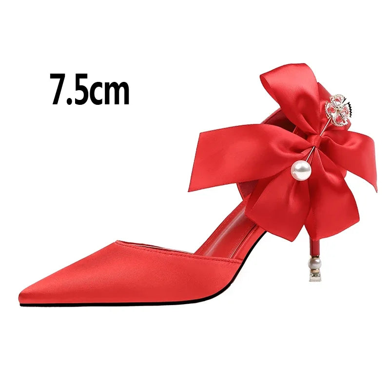 2023 New Bow-knot Women Pumps Designer Shoes High Heels Sandals Women Satin Stiletto Heels Sexy Pearl Wedding Shoes Plus Size 43