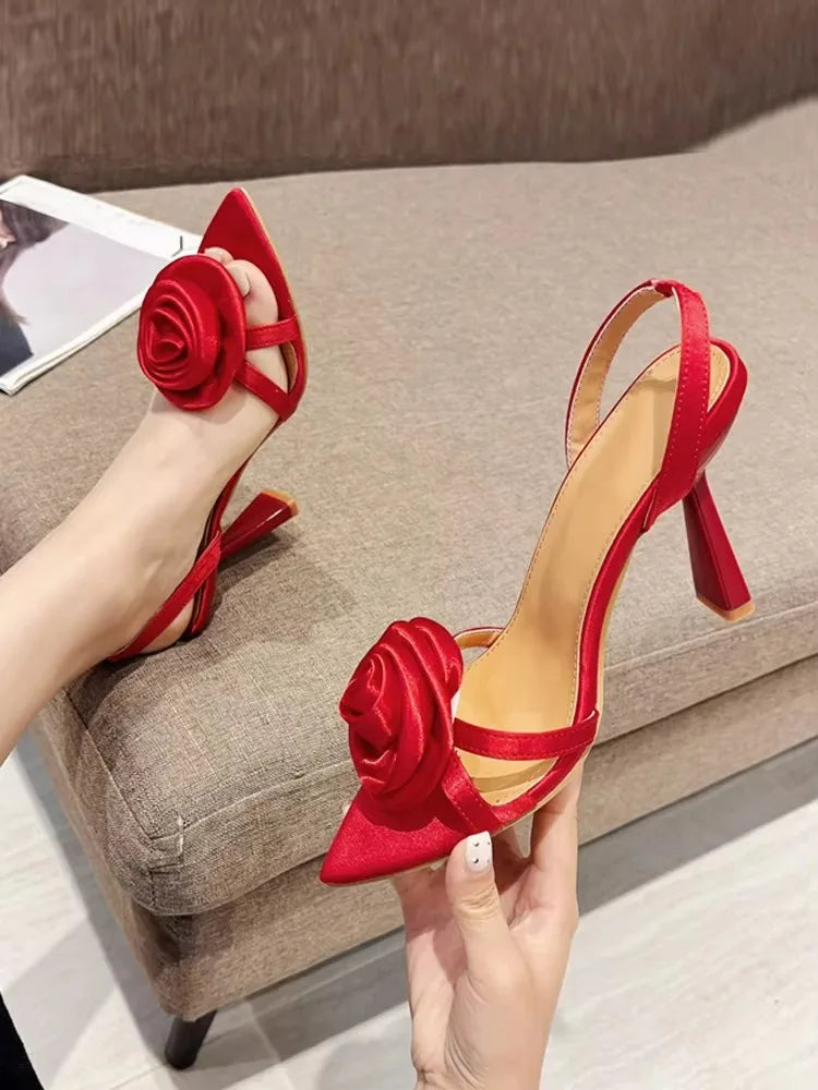 Liyke Fashion Design Green Silk Rose Flowers Women Slippers Sandal Sexy Pointed Open Toe Thin High Heels Summer Party Dress Shoe