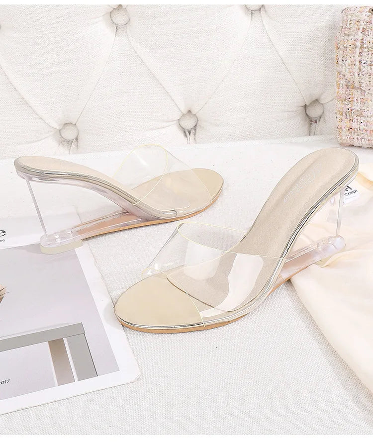 Summer New Women Slippers PVC Jelly Crystal Heel Transparent Women Sexy Clear High Heels Simple Wedge Sandals Pumps Size 34-43