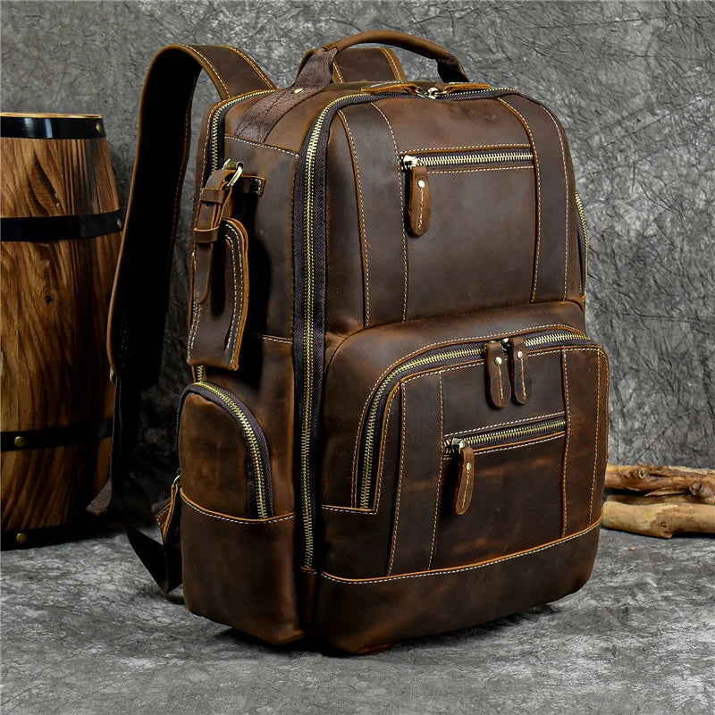 Vintage Men's Crazy Horse Leather Backpack genuine leather Retro Rucksack Large Classic Travel Backpack Big laptop computer bag