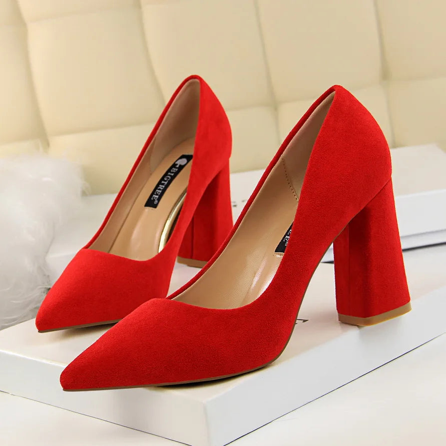 Women 8.5cm High Heels Elegant Pumps Lady Wedding Block Heels Scarpins Flock Suede Red Brown Nightclub Event Party Office Shoes