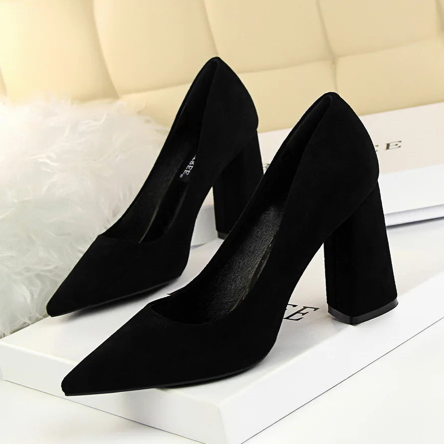 Women 8.5cm High Heels Elegant Pumps Lady Wedding Block Heels Scarpins Flock Suede Red Brown Nightclub Event Party Office Shoes