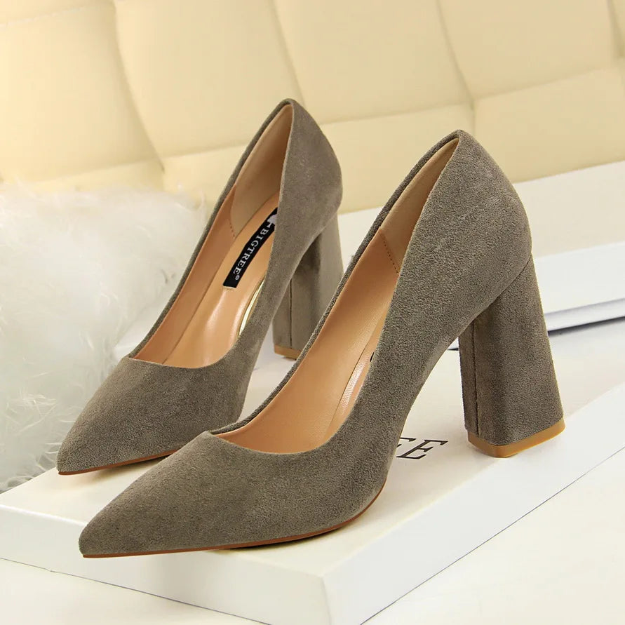 Women 8.5cm High Heels Elegant Pumps Lady Wedding Block Heels Scarpins Flock Suede Red Brown Nightclub Event Party Office Shoes