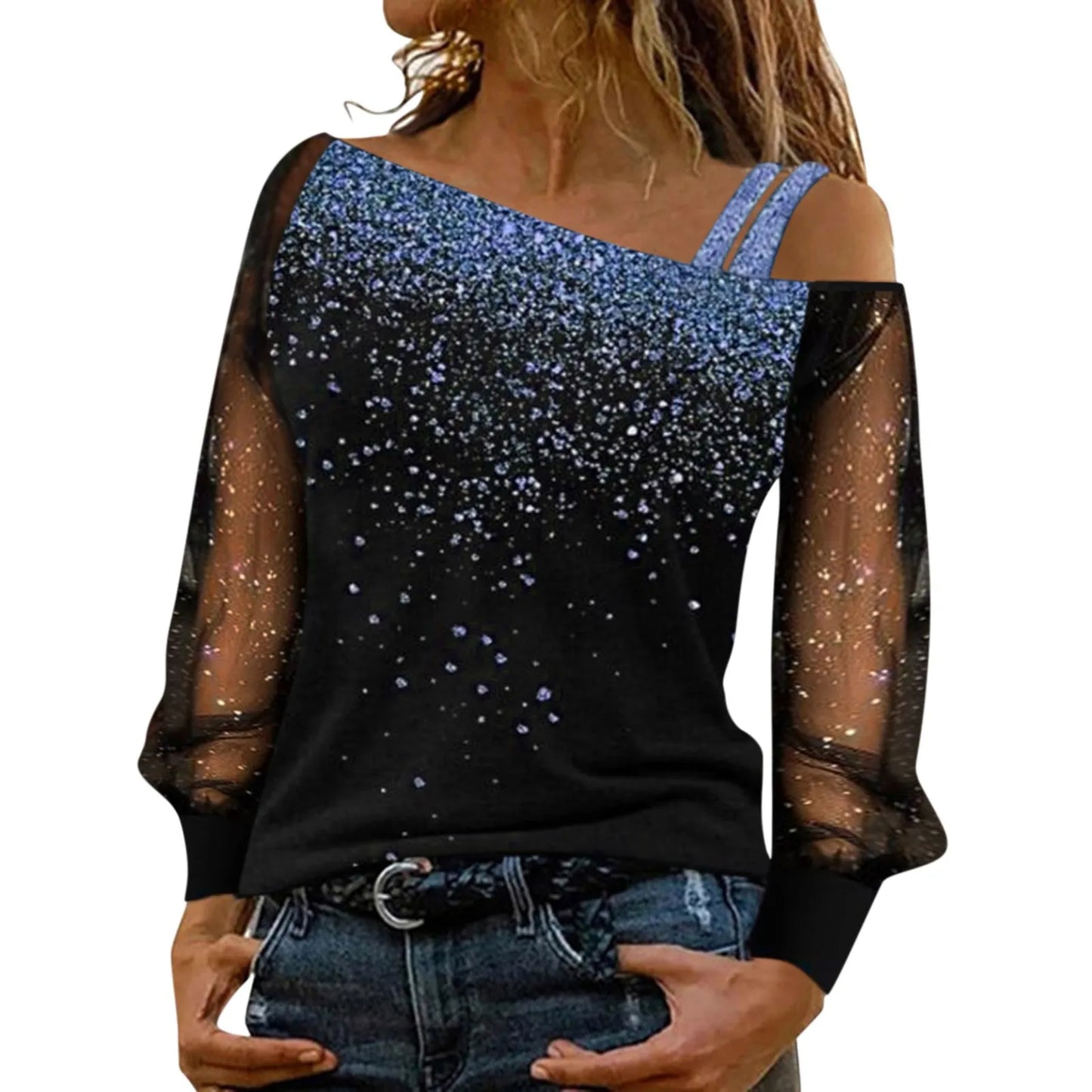 Summer Casual Long Sleeve Women Tops Sequin Print Sexy Mesh Blouse Cold Shoulder Black Shirt Slim Tight Shirts Blusas