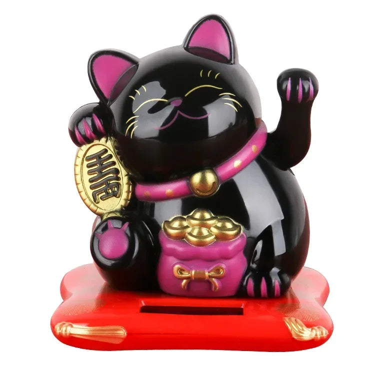 Solar Powered Maneki Neko Lucky Cat Welcoming Chinese Lucky Cat Waving Hand Beckoning Fortune Cat Figurines For Home Decor