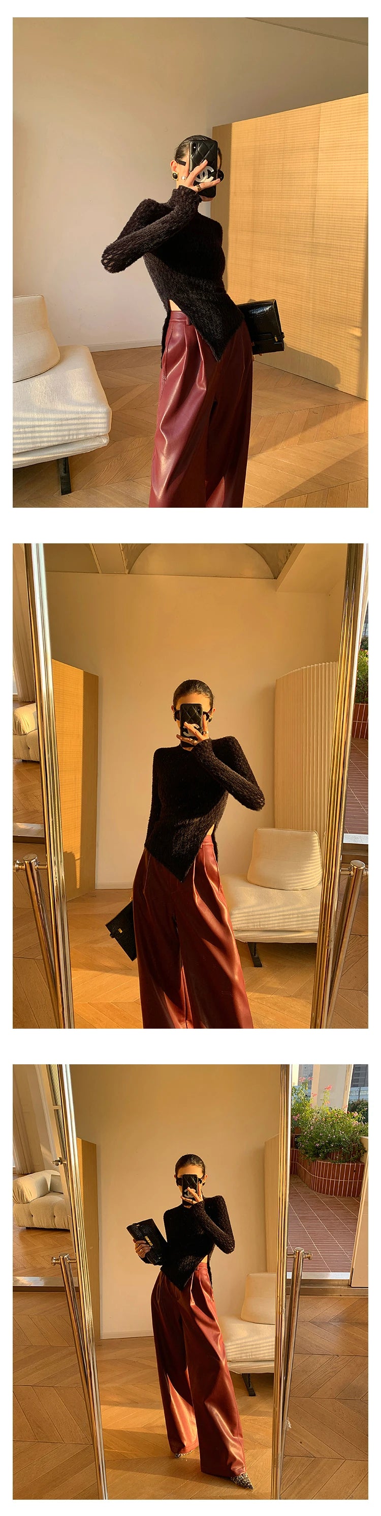 Lautaro Spring Autumn Loose Casual Soft Black Burgundy Pu Leather Wide Leg Pants for Women High Waist Korean Style Fashion 2023