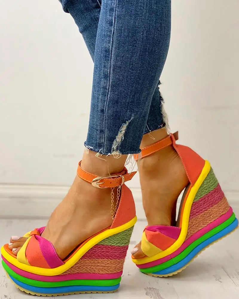 Sandals Women Women's Muffin Wedges High Multicolor Patchwork Sandals Colorful  Roman Shoes Sandals High Heels Espadrilles