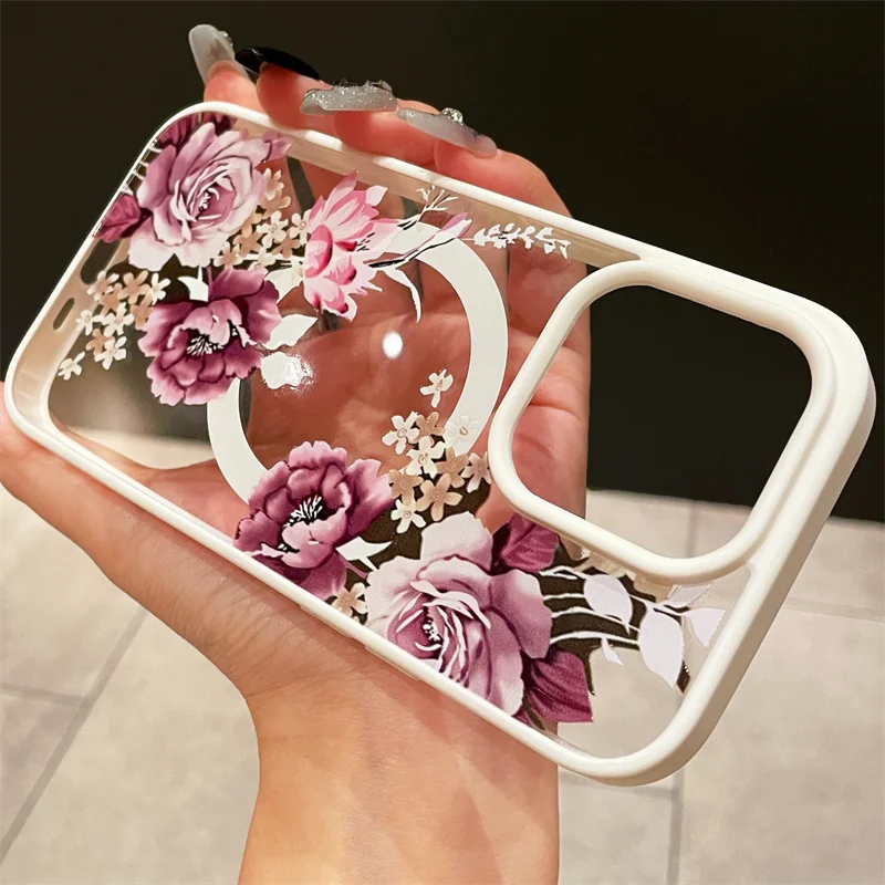 Luxury Flower Pattern Magnetic For Magsafe Candy Frame Case For iPhone 16 15 14 13 12 11 Pro Max Pro Max Wireless Charge Cover