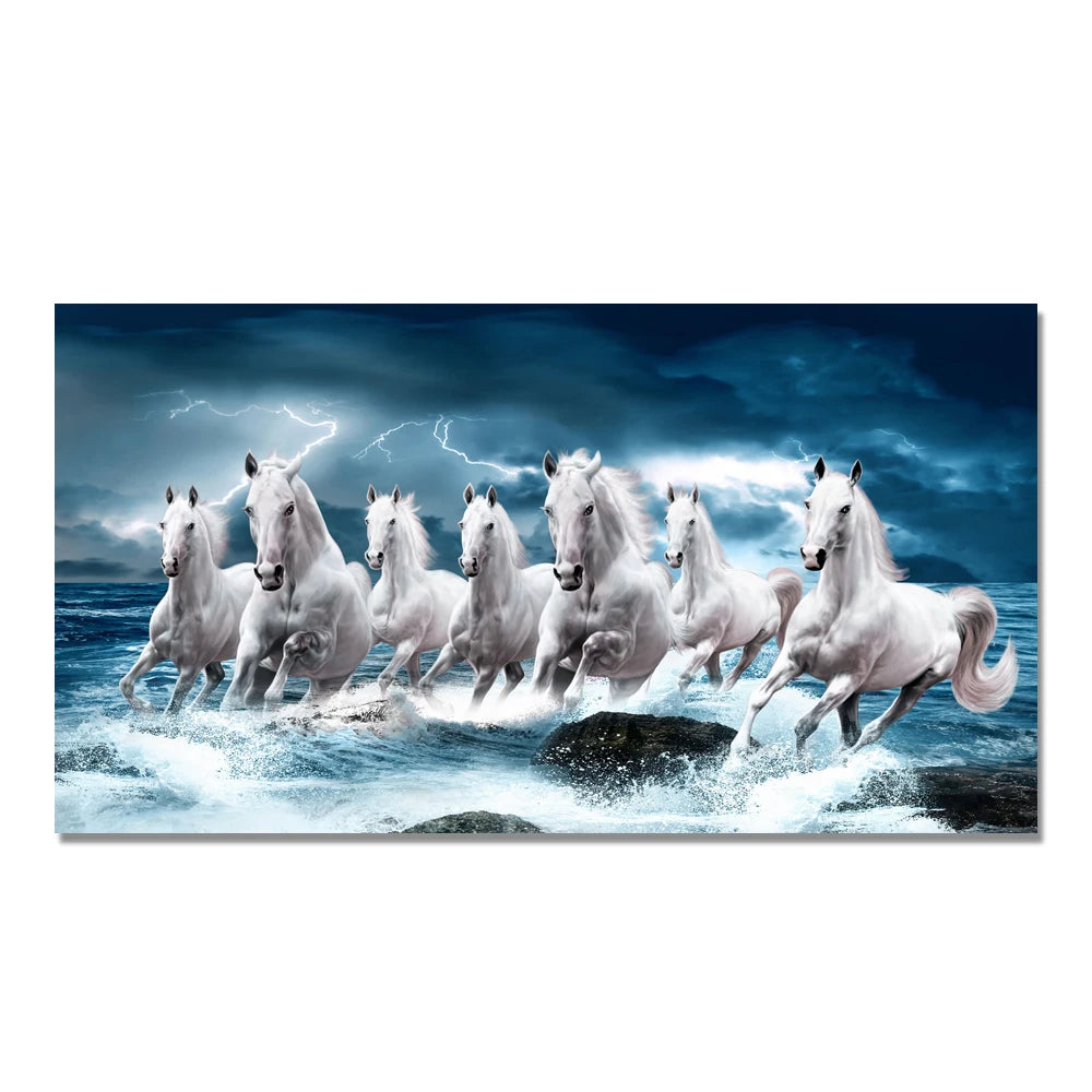 7 White Running Horses Canvas Painting  Animal Posters and Prints Wall Art Picture