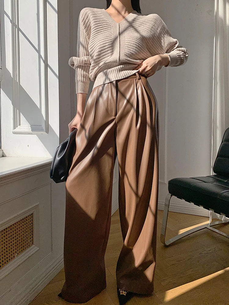 Lautaro Spring Autumn Loose Casual Soft Black Burgundy Pu Leather Wide Leg Pants for Women High Waist Korean Style Fashion 2023