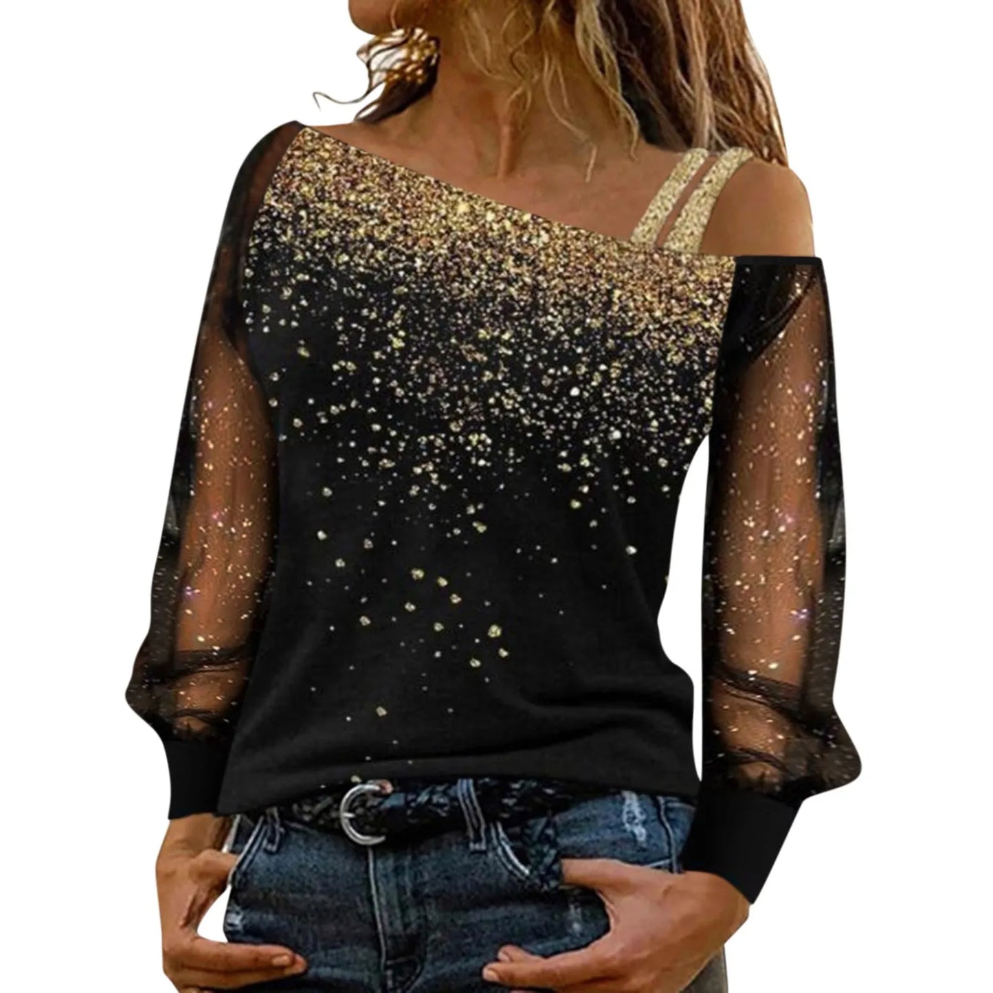 Summer Casual Long Sleeve Women Tops Sequin Print Sexy Mesh Blouse Cold Shoulder Black Shirt Slim Tight Shirts Blusas