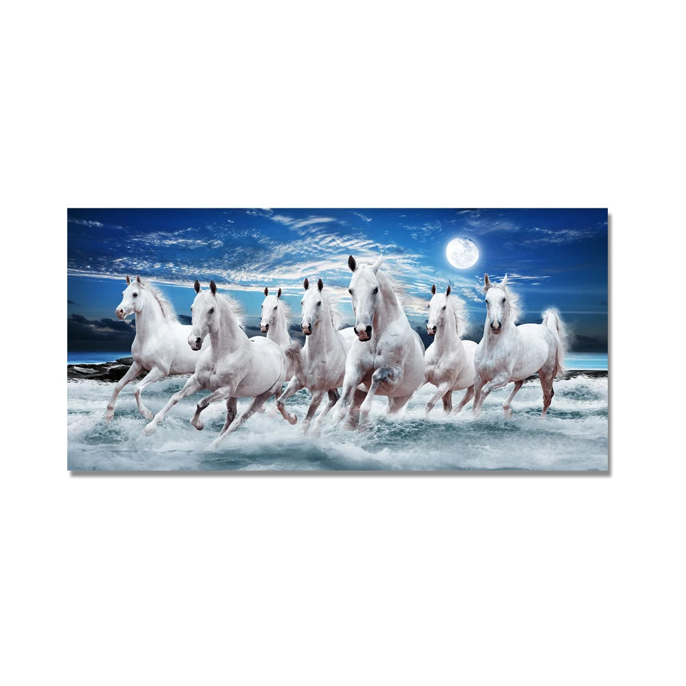 7 White Running Horses Canvas Painting  Animal Posters and Prints Wall Art Picture