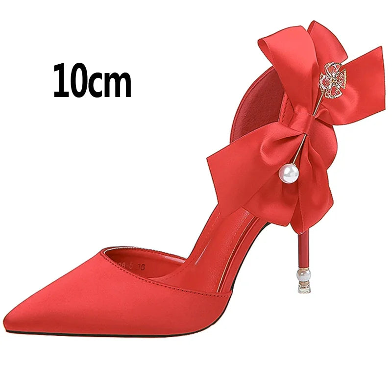 2023 New Bow-knot Women Pumps Designer Shoes High Heels Sandals Women Satin Stiletto Heels Sexy Pearl Wedding Shoes Plus Size 43