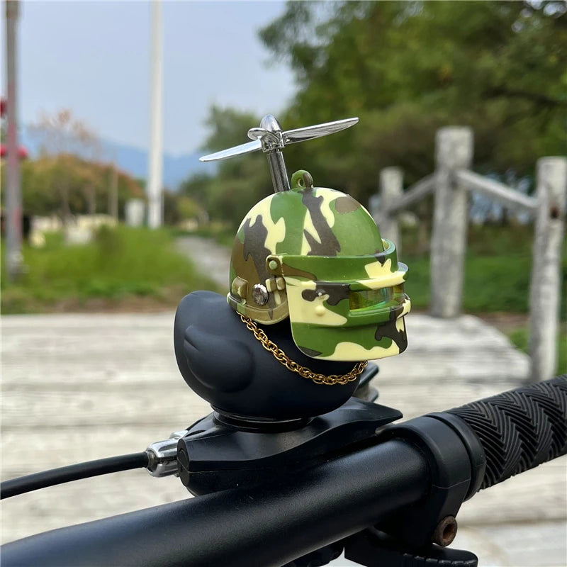 Car Ornaments Bicycle Horns Squeeze Black Duck with Straps Helmet, Silicone Elasticity Belt Bike Bell for Kids Sport Outdoor