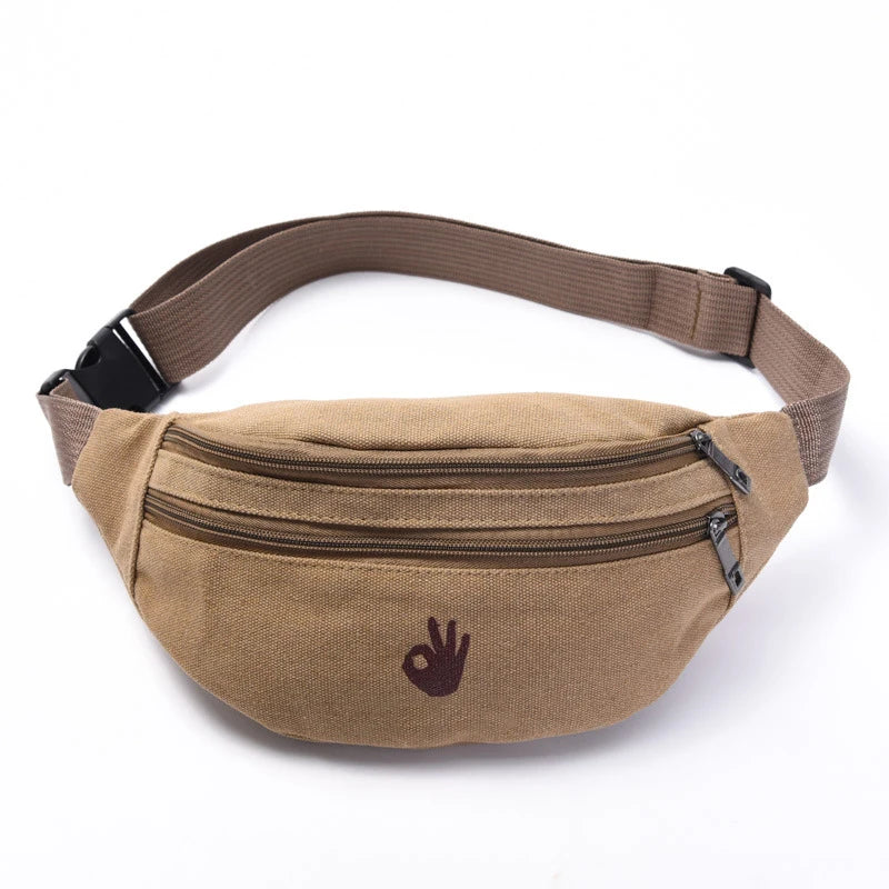 Male Casual Functional Waist Bag Fashional Canvas Purse Creative Ok Gestures Purse Waist Package for Man Canvas Hip Bag