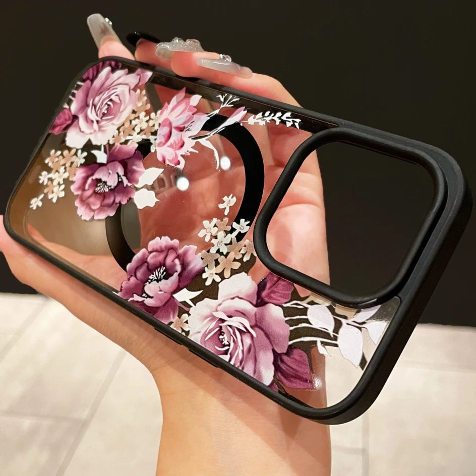 Luxury Flower Pattern Magnetic For Magsafe Candy Frame Case For iPhone 16 15 14 13 12 11 Pro Max Pro Max Wireless Charge Cover