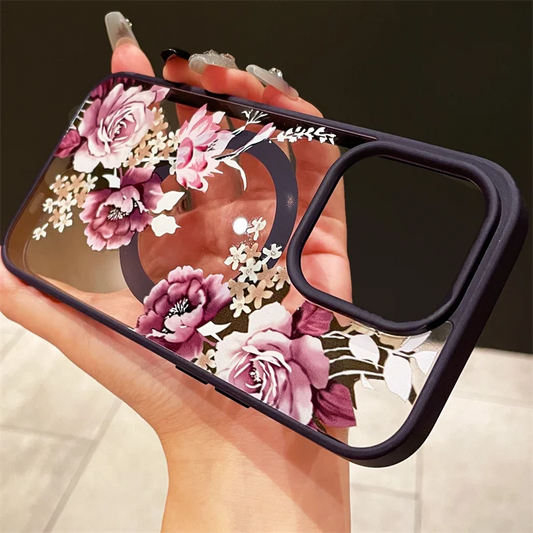 Luxury Flower Pattern Magnetic For Magsafe Candy Frame Case For iPhone 16 15 14 13 12 11 Pro Max Pro Max Wireless Charge Cover