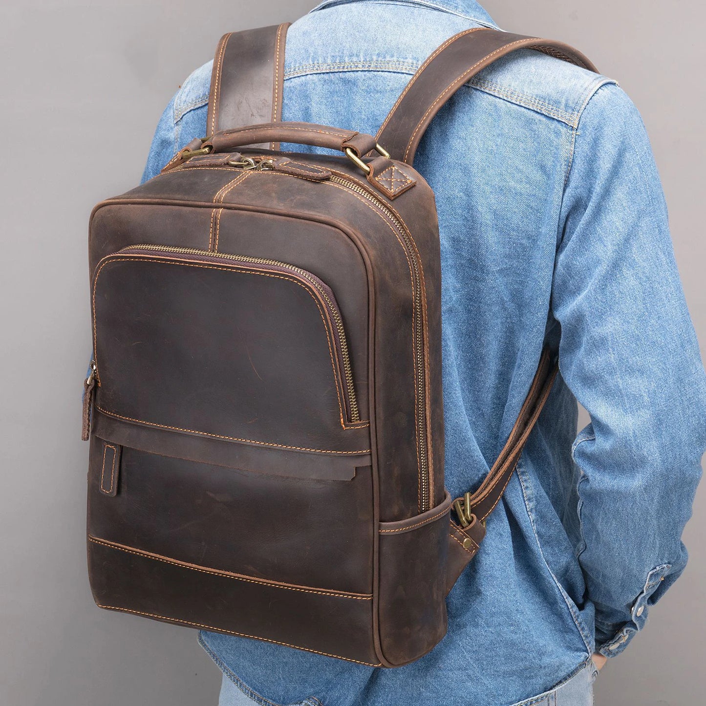 Vintage Men's Crazy Horse Leather Backpack genuine leather Retro Rucksack Large Classic Travel Backpack Big laptop computer bag