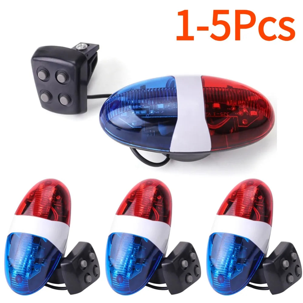 Bicycle Police Siren 4 Sounds Melody Bicycle Power Horn Siren Bell 6-LED Strobe Blue and Red Bicycle Safety Light for Kids Bike