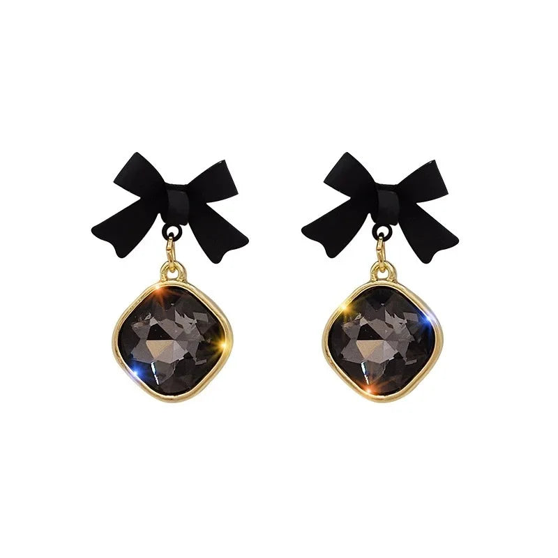 Crystal Black Bow Earrings for Women Charm Earrings Bowknot Pendant Square Earrings Party Anniversary Jewelry Accessories Gift