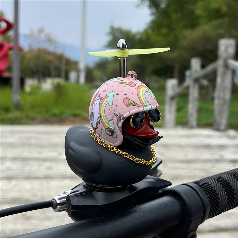 Car Ornaments Bicycle Horns Squeeze Black Duck with Straps Helmet, Silicone Elasticity Belt Bike Bell for Kids Sport Outdoor